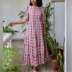 Pink City Prints Red Green White Floral Scallop Trim Etta Dress Size XS